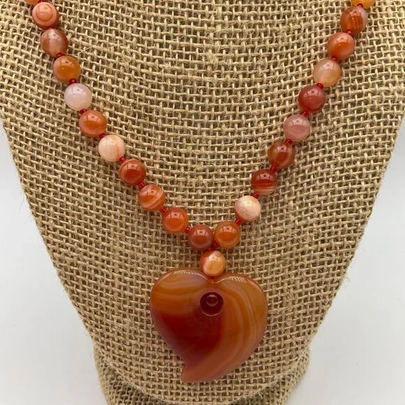 New Long Orange Agate Beaded Necklace Heart Pendant Engraving 15" - Picture 5 of 9